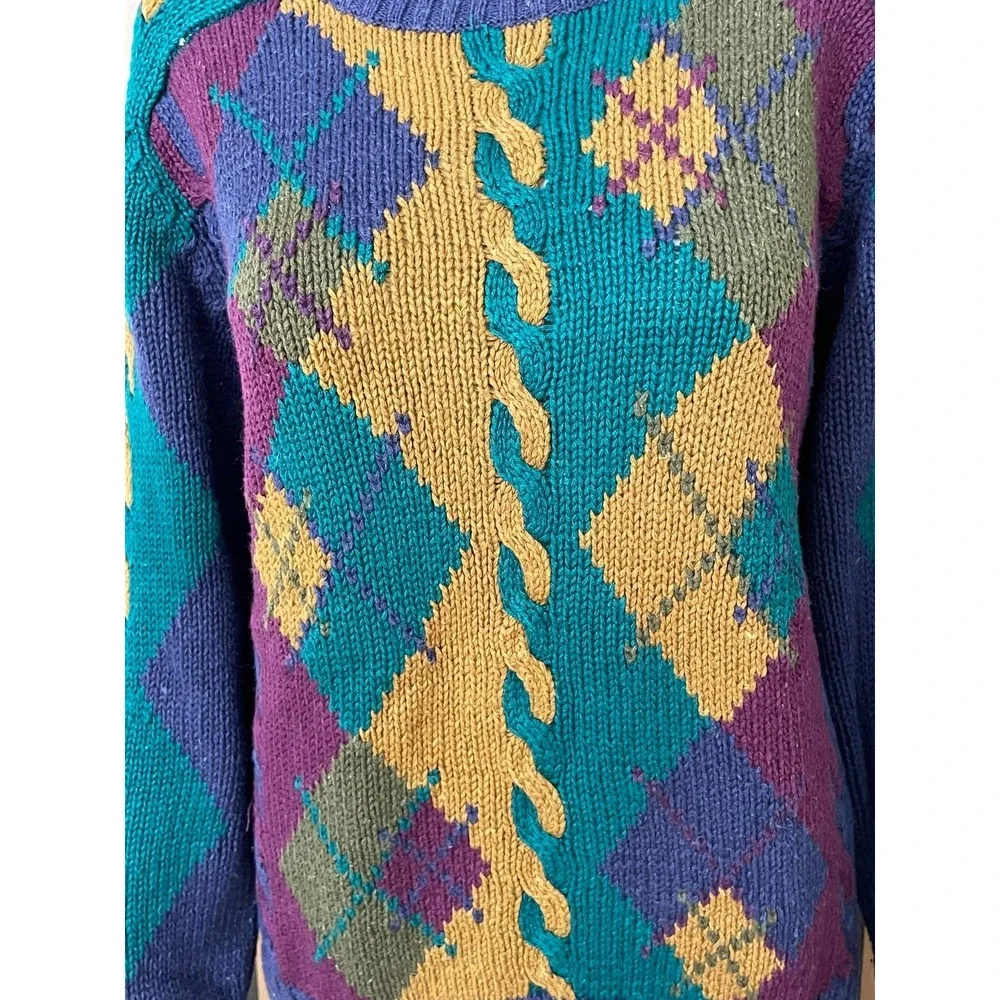 417 Van Heusen Men's M Blue Sweater Blue 80s Cable Knit‎ Argyle Vintage